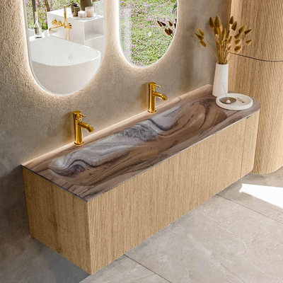 MONDIAZ KURVE-DLUX Meuble de salle de bains 145cm arrondi à droite couleur Chêne avec 1 tiroir et 1 porte. Lavabo BIG LARGE à gauche 2 trous de robinet Sombra.