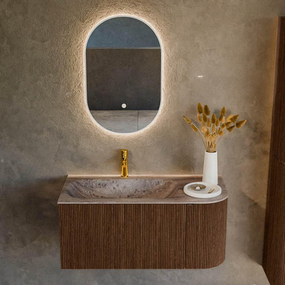 MONDIAZ KURVE-DLUX Meuble de salle de bains 95cm arrondi à droite couleur Walnut avec 1 tiroir et 1 porte. Lavabo BIG SMALL à gauche 1 trou de robinet Oza.