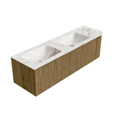 Mondiaz KURVE-DLUX Ensemble de meuble - 155x46x40cm - 2 tiroirs - 1 porte - lavabo en solid surface - double / gauche - 2 trous de robinet - Dusk