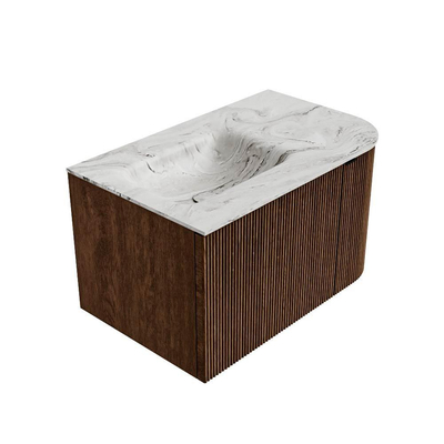 MONDIAZ KURVE-DLUX meuble de salle de bains 75cm avec module 25 R couleur noyer avec 1 tiroir et 1 porte. Lavabo GRUNNE gauche 1 trou de robinetterie couleur Glace.
