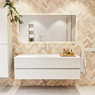 MONDIAZ VICA meuble sous lavabo 150cm Talc 2 tiroirs. Lavabo MOON central sans trou de robinet, couleur Talc.