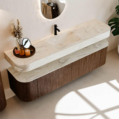 MONDIAZ THOR-DLUX 180cm meuble de salle de bains arrondi gauche + droite couleur Walnut avec 2 tiroirs et 2 portes. Vasque suspendue CLOUD Milieu 1 trou de robinet couleur Ostra.