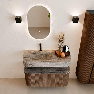 MONDIAZ THOR-DLUX 100cm meuble de salle de bains arrondi gauche + droite couleur Walnut avec 1 tiroir et 2 portes. Vasque suspendue CLOUD Gauche 1 trou de robinet couleur Oza.