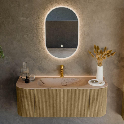 MONDIAZ KURVE-DLUX Meuble de salle de bains 120cm arrondi Gauche + Droite couleur Dusk avec 1 tiroir et 2 portes. Lavabo BIG SMALL Central 1 trou de robinet Arena.