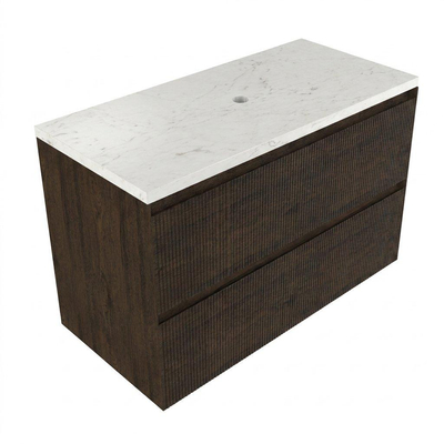 Saniclass Holz Atelier Badkamermeubelset - 100x45x63cm - Dia marmeren wastafelblad gepolijst (wit) - zonder kraangat - 2 lades - mat eiken charcoal (hout)