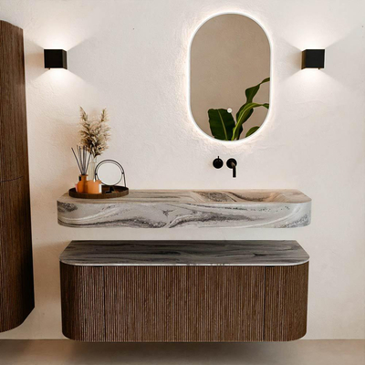 MONDIAZ THOR-DLUX 130cm badmeubel ronding links + rechts kleur Walnut met 1 lade en 2 deuren. Vrijhangende wastafel CLOUD Rechts zonder kraangat kleur Sombra.
