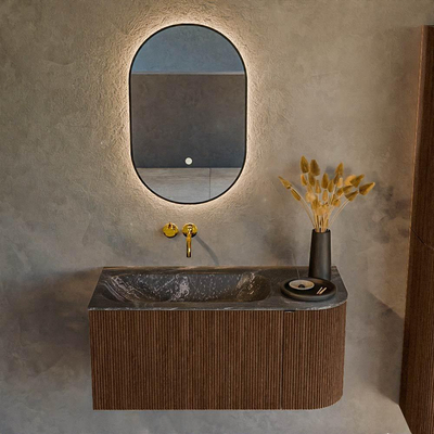 MONDIAZ KURVE-DLUX 95cm badmeubel met module 25 R kleur Walnut met 1 lade en 1 deur. Wastafel BIG SMALL links zonder kraangat kleur Lava.