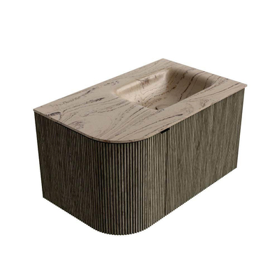 MONDIAZ KURVE-DLUX meuble de salle de bains 75 cm arrondi à gauche couleur Shadow avec 1 tiroir et 1 porte. Lavabo GRUNNE à droite sans trou de robinet Arena.
