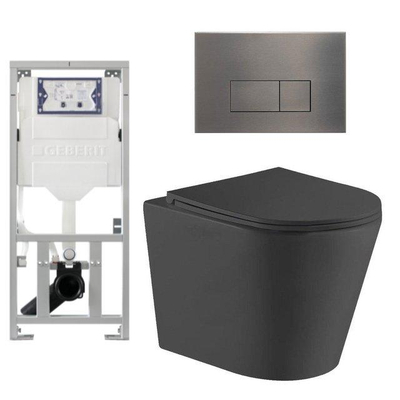 QeramiQ Dely Pack WC cuvette sans bride 36.3x51.7cm avec bâti-support Geberit UP320 abattant WC noir mat frein de chute et plaque de commande Gun metal boutons Rectangulaires