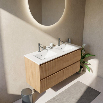 Saniclass Holz Atelier Ensemble meuble de salle de bains - 120x45x62cm - lavabo Vygo en céramique blanc - 2 vasques - 2 trous de robinetterie - 2 tiroirs - chêne natural mat (bois)