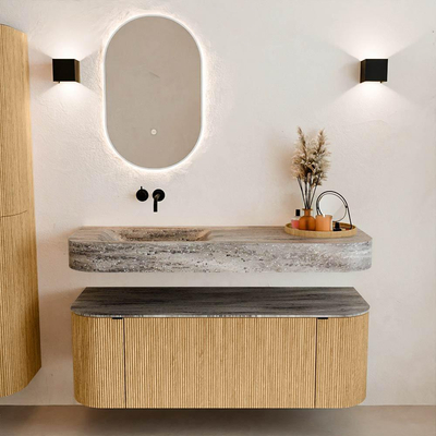 MONDIAZ THOR-DLUX 130cm meuble de salle de bains arrondi gauche + droite couleur Oak avec 1 tiroir et 2 portes. Vasque suspendue CLOUD Gauche sans trou de robinet couleur Oza.