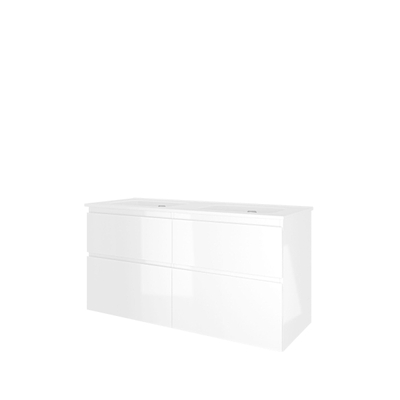 Proline elegant ensemble de meubles de salle de bain 120x46x62cm meuble 4 tiroirs a symétrique blanc brillant sans trous de robinetterie porcelaine blanc brillant