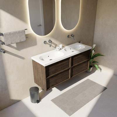 Saniclass Holz Frame Ensemble de meubles de salle de bains - 140x45x63.5cm - lavabo Palermo en céramique blanc - 2 cuves - sans trous de robinetterie - 4 tiroirs - chêne charcoal mat (bois)