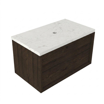 Saniclass Holz Frame Ensemble de meubles de salle de bains - 80x45x43cm - Plan vasque en marbre Dia poli (blanc) - sans trou de robinetterie - 1 tiroir - chêne charcoal mat (bois)