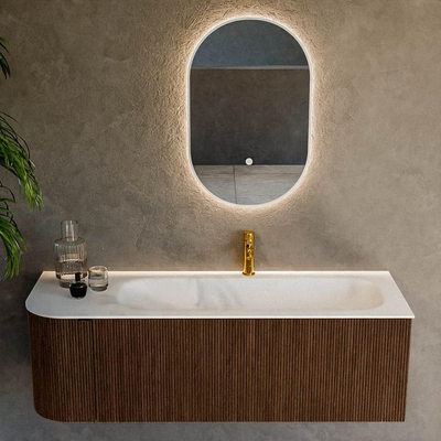 MONDIAZ KURVE 135cm Meuble salle de bain avec module 25 G - couleur Walnut - 1 tiroir - 1 porte - vasque BIG MEDIUM droite - 1 trou de robinet - Talc
