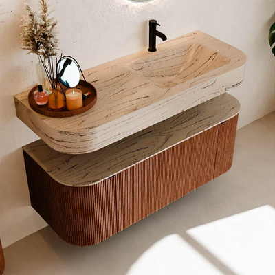 MONDIAZ THOR-DLUX Meuble de salle de bains 120cm arrondi gauche + droite couleur Ruby avec 1 tiroir et 2 portes. Vasque suspendue CLOUD Droite 1 trou de robinet couleur Arena.