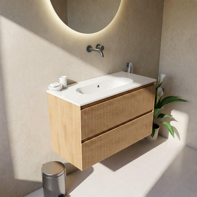 Saniclass Holz Atelier Ensemble de meubles de salle de bains - 100x45x73.9cm - lavabo Chaci en céramique blanc - 1 vasque - sans trou de robinetterie - 2 tiroirs - chêne natural mat (bois)