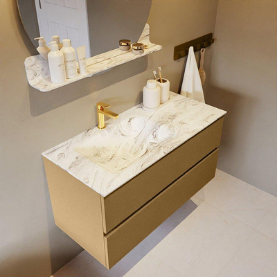 Mondiaz VICA-DLUX Ensemble de meuble de salle de bain - 100cm - meuble sous-vasque oro - 2 tiroirs - lavabo encastré cloud gauche - 1 trou de robinet - version haute de 60cm - glace