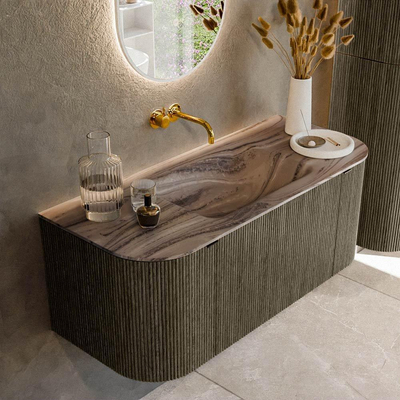 MONDIAZ KURVE-DLUX Meuble de salle de bains 110cm arrondi Gauche + Droite couleur Shadow avec 1 tiroir et 2 portes. Lavabo CLOUD central sans trou de robinet Sombra.