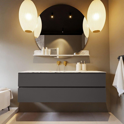 Mondiaz VICA-DLUX ensemble de meuble de salle de bain - 150cm - meuble sous-vasque gris foncé - 2 tiroirs - lavabo encastré nuage milieu - sans trous de robinet - version haute de 60cm - glace