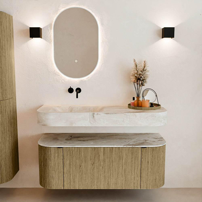 MONDIAZ THOR-DLUX 120cm meuble de salle de bains arrondi gauche + droite couleur Dusk avec 1 tiroir et 2 portes. Vasque suspendue CLOUD Gauche sans trou de robinet couleur Frappe.