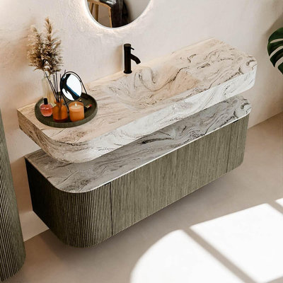 MONDIAZ THOR-DLUX 140cm meuble de salle de bains arrondi gauche + droite couleur Shadow avec 1 tiroir et 2 portes. Vasque suspendue CLOUD Milieu 1 trou de robinet couleur Glace.