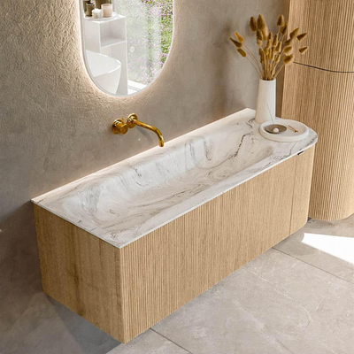 MONDIAZ KURVE-DLUX Meuble de salle de bains 125 cm avec module 25 R couleur Oak avec 1 tiroir et 1 porte. Lavabo BIG MEDIUM gauche sans trou de robinet couleur Glace.