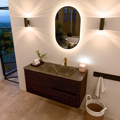 Mondiaz CIRO-DLUX Ensemble de meubles de salle de bains - 110x45x50cm - Lavabo en solid surface Lava - 1 vasque à droite - 1 trou de robinet - 2 tiroirs - Noyer