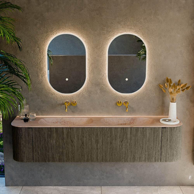 MONDIAZ KURVE-DLUX Meuble de salle de bains 190cm arrondi gauche + droite couleur Shadow avec 2 tiroirs et 2 portes. Plan vasque STOR SMALL Double sans trou de robinet Saba.