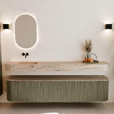 MONDIAZ THOR-DLUX 200cm meuble de salle de bains arrondi gauche + droite couleur Shadow avec 2 tiroirs et 2 portes. Vasque suspendue CLOUD Gauche sans trou de robinet couleur Arena.