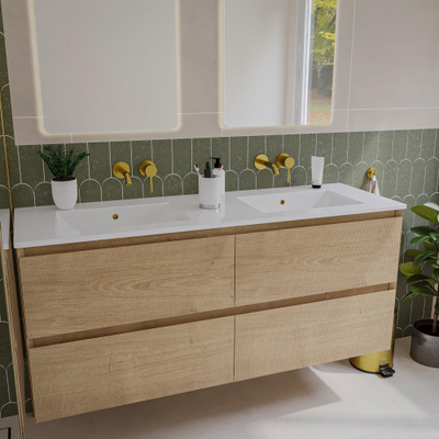 Saniclass Holz Atelier Meuble de salle de bain - 140x45x60cm - lavabo en céramique blanc - 2 vasques - sans trous de robinet - 4 tiroirs - Chêne Natural