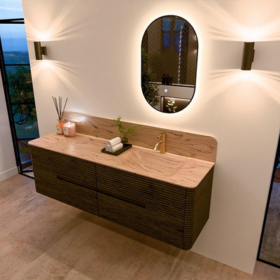Mondiaz CIRO-DLUX Meuble de salle de bains - 160x45x50cm - Plan vasque solid surface Arena - 1 vasque à droite - 1 trou de robinet - 4 tiroirs - Shadow
