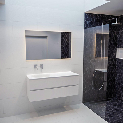 MONDIAZ VICA Ensemble de meuble salle de bain - 120cm - 2 tiroirs - lavabo Moon gauche - 0 trous de robinet - solid surface talc