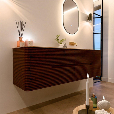 Mondiaz CIRO-DLUX Meuble de salle de bains - 160x45x50cm - plan-vasque Solid surface Arena - 1 vasque à droite - sans trous de robinetterie - 4 tiroirs - Ruby