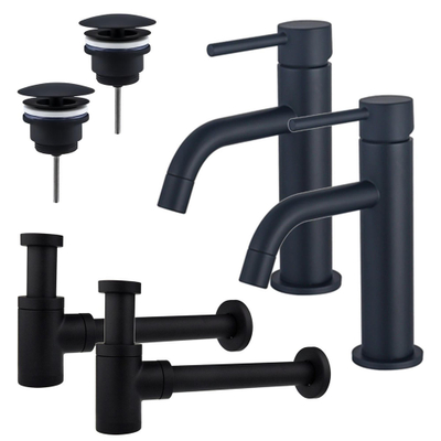 FugaFlow Eccelente Sobrado Slim Kit robinet lavabo - pour double vasque - robinet bas - bonde non-obturable - siphon design bas - Noir mat