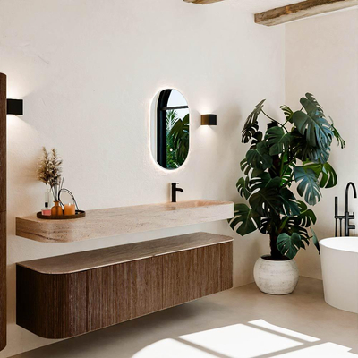 MONDIAZ THOR-DLUX 180cm meuble de salle de bains arrondi gauche + droite couleur Walnut avec 2 tiroirs et 2 portes. Vasque suspendue CLOUD Droite 1 trou de robinet couleur Saba.