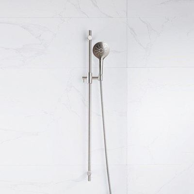 Fortifura Calvi ensemble barre de douche avec douchette à main ronde, flexible de douche métallique Inox brossé PVD (Inox)
