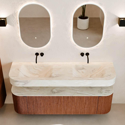 MONDIAZ THOR-DLUX 160cm meuble de salle de bains arrondi gauche + droite couleur Ruby avec 1 tiroir et 2 portes. Vasque suspendue CLOUD Double sans trou de robinet couleur Ostra.