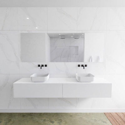 Mondiaz Lagom Meuble salle de bains 200x30.9x45cm Solid Surface Talc 2 tiroirs avec lavabo BINX vasque à poser double sans trous de robinet