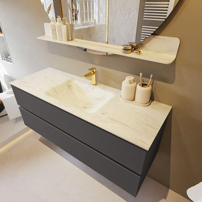 Mondiaz VICA-DLUX Ensemble de meuble de salle de bain - 130cm - meuble sous-vasque gris foncé - 2 tiroirs - lavabo encastré nuage milieu - 1 trou de robinet - version haute de 60cm - opalo