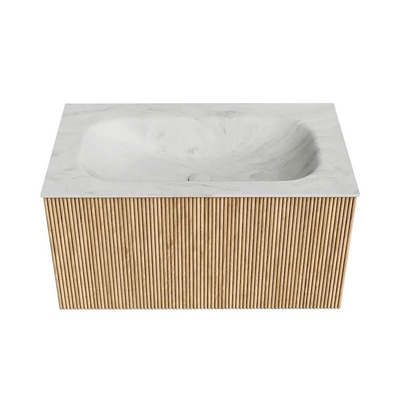 MONDIAZ KURVE-DLUX Meuble de salle de bains 80 cm couleur chêne avec 1 tiroir. Vasque BIG SMALL centrale sans trou de robinet couleur Opalo.