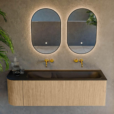 MONDIAZ KURVE 145cm Meuble salle de bain avec module 25 G - couleur Oak - 1 tiroir - 1 porte - vasque BIG LARGE droite - sans trous de robinet - Urban