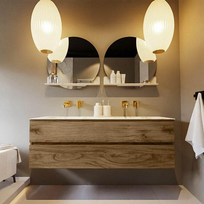 MONDIAZ VICA-DLUX Ensemble meuble de salle de bains - 150x50cm - 2 tiroirs - Chai - vasque encastrée CLOUD double - sans trou de robinet - Frappe