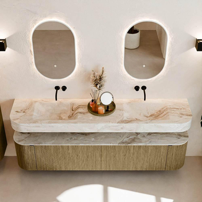 MONDIAZ THOR-DLUX Meuble de salle de bains - 200cm - arrondi gauche + droite - couleur Dusk - 2 tiroirs et 2 portes - Vasque suspendue CLOUD Double sans trou de robinet - couleur Frappe