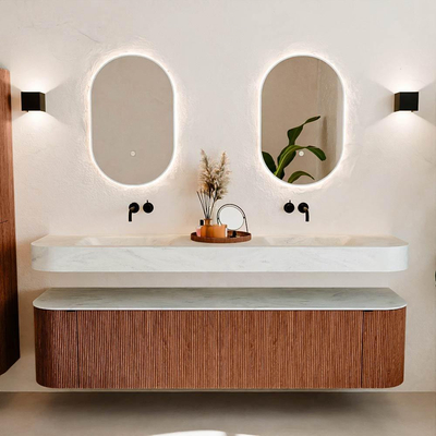 MONDIAZ THOR-DLUX Meuble de salle de bains 190cm arrondi gauche + droite couleur Ruby avec 2 tiroirs et 2 portes. Vasque suspendue CLOUD Double sans trou de robinet couleur Opalo.