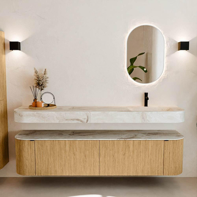 MONDIAZ THOR-DLUX Meuble de salle de bains 190cm arrondi gauche + droite couleur Oak avec 2 tiroirs et 2 portes. Vasque suspendue CLOUD Droite 1 trou de robinet couleur Frappe.