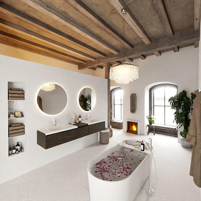 MONDIAZ BUKLA 200cm meuble de salle de bain avec module 40 couleur Marron Foncé avec 3 tiroirs. Lavabo CLOUD double 2 trous de robinet couleur Talc.