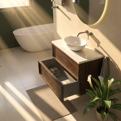 Saniclass Holz Frame Ensemble meuble de salle de bains - 100x45x63cm - Plan vasque en marbre Dia poli (blanc) - sans trou de robinet - 2 tiroirs - chêne charcoal mat (bois)