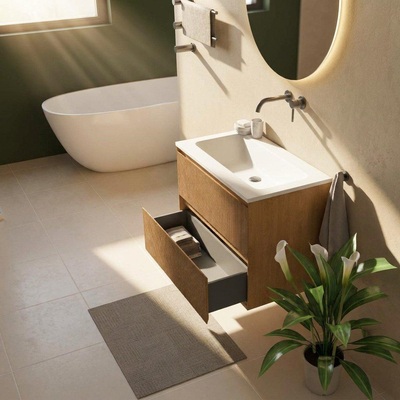 Saniclass Holz Atelier Ensemble de meubles de salle de bains - 80x45x77,5cm - lavabo Torino en solid surface blanc - sans trou de robinetterie - 2 tiroirs - chêne naturel mat (bois)