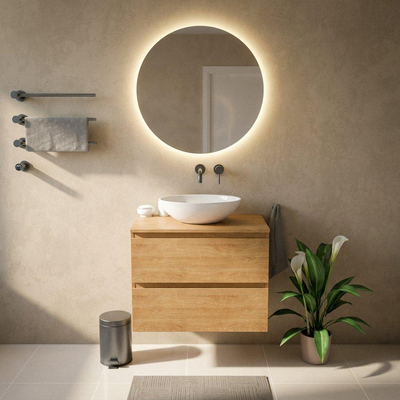 Saniclass Holz Pure Ensemble de meubles de salle de bains - 80x45x62cm - plan de travail en bois - sans trou de robinetterie - 2 tiroirs - chêne naturel mat (bois)